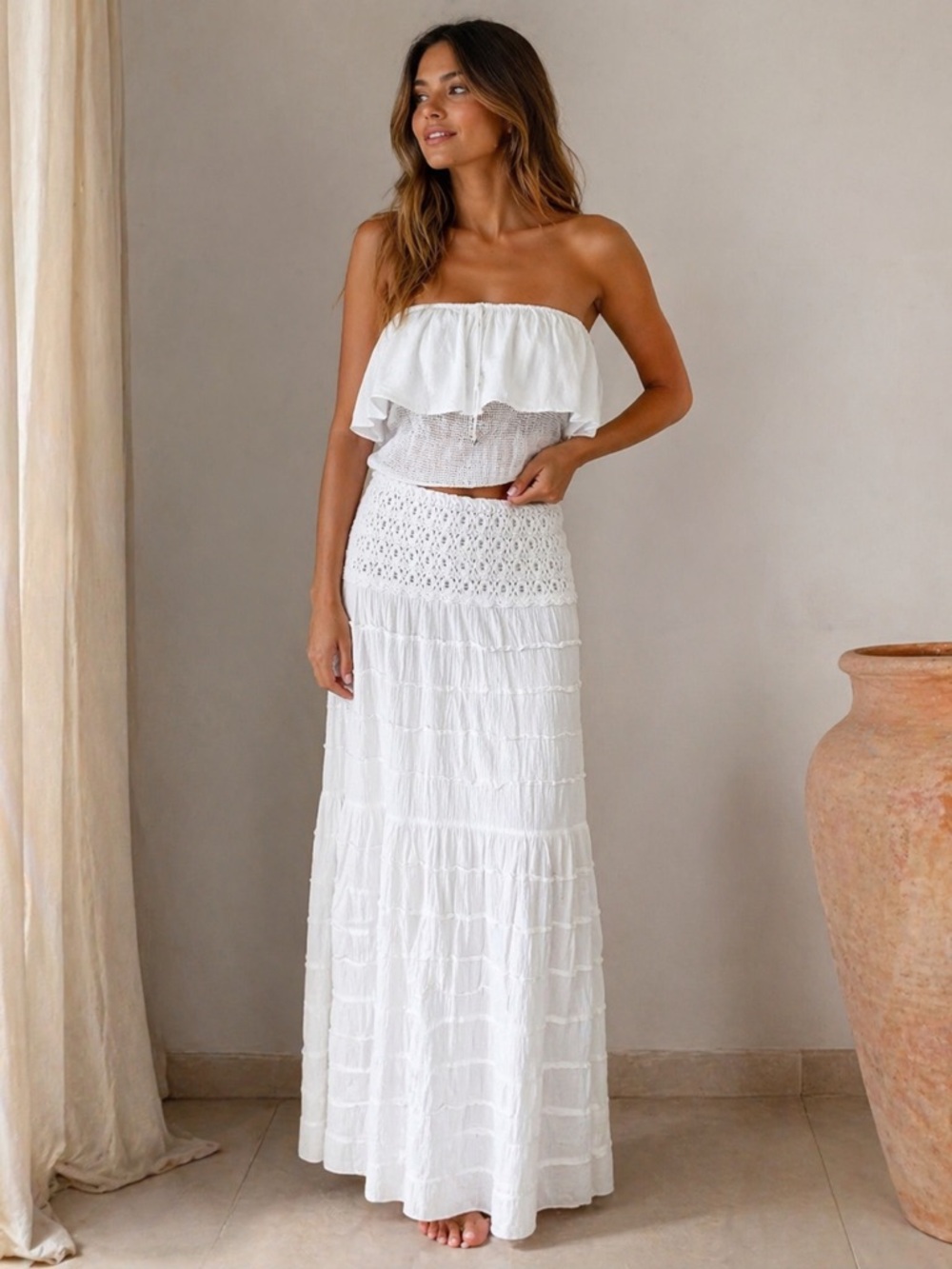 Cotton Natural White Two Piece Set Ruffle Top Maxi Skirt Size Small